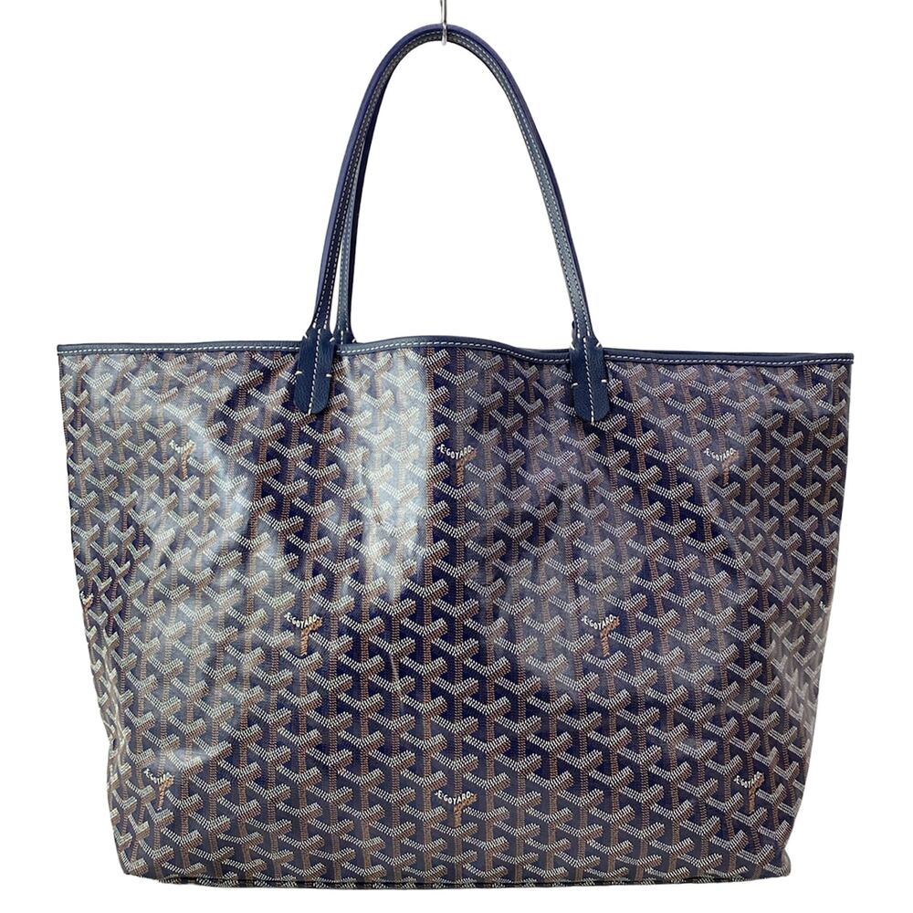 Goyard Saint Louis GM Tote Bag Navy White Beige Coated Canvas Leather
